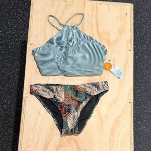 Striped Halter Bikini Top and Tropical Print Bottom